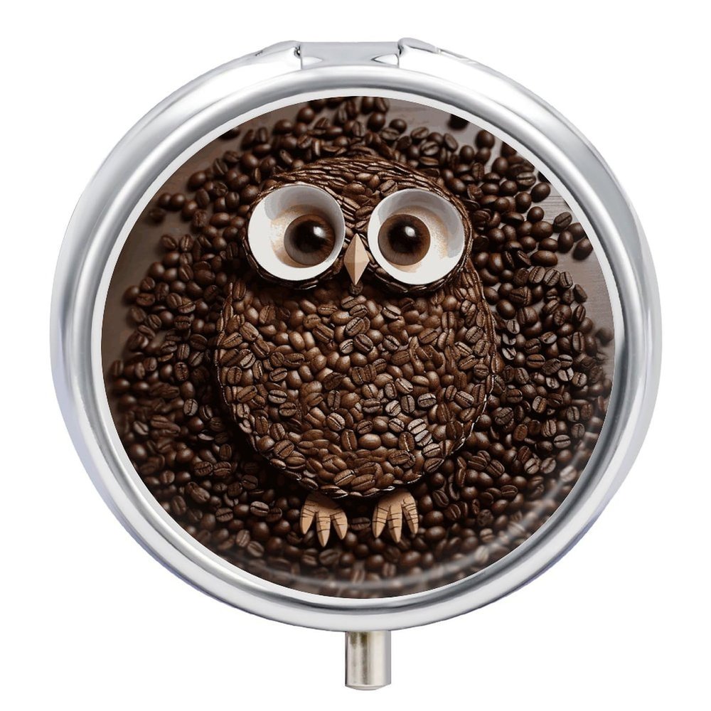 Round Pill Box Coffee Bean Owl Pill Case 3 Compartment Medicine Pill Organizer for Purse & Pocket Portable Travel Pillbox Medicine Vitamin Cod Liver Oil Storage Box Organizer