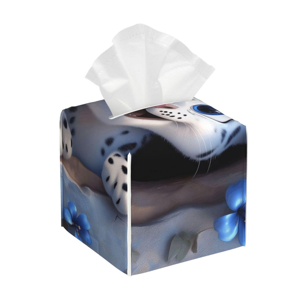 Cute Snow Leopard Peeking Out Flowers Leather Tissue Box Cover for Home Coffee Table Car Decorative