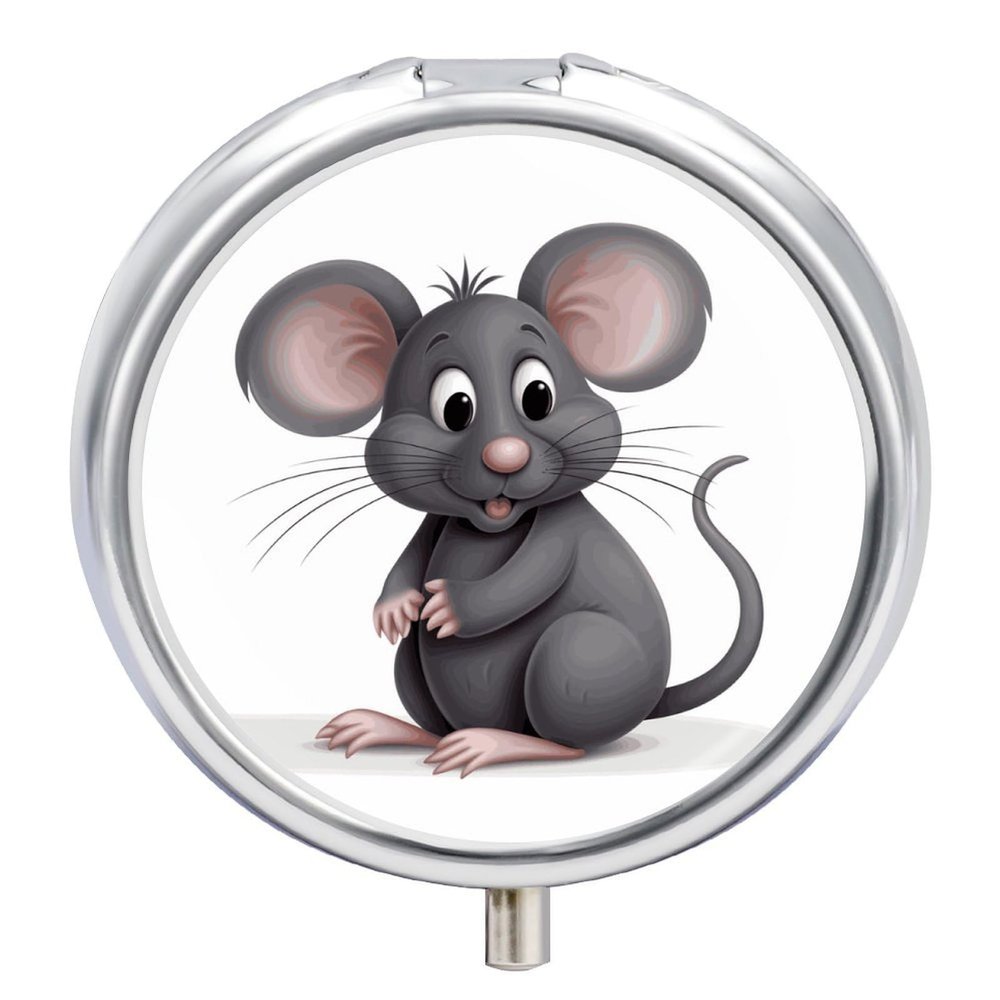 Round Pill Box Grey Rat Pill Case 3 Compartment Medicine Pill Organizer for Purse & Pocket Portable Travel Pillbox Medicine Vitamin Cod Liver Oil Storage Box Organizer