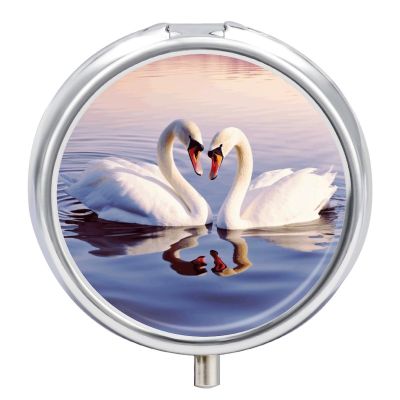 Round Pill Box Swan Heart Pill Case 3 Compartment Medicine Pill Organizer for Purse & Pocket Portable Travel Pillbox Medicine Vitamin Cod Liver Oil Storage Box Organizer