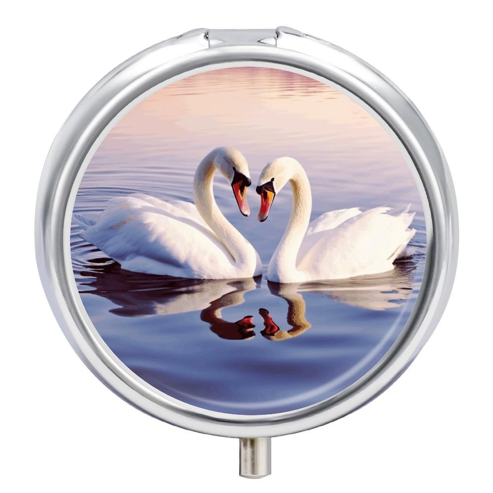 Round Pill Box Swan Heart Pill Case 3 Compartment Medicine Pill Organizer for Purse & Pocket Portable Travel Pillbox Medicine Vitamin Cod Liver Oil Storage Box Organizer