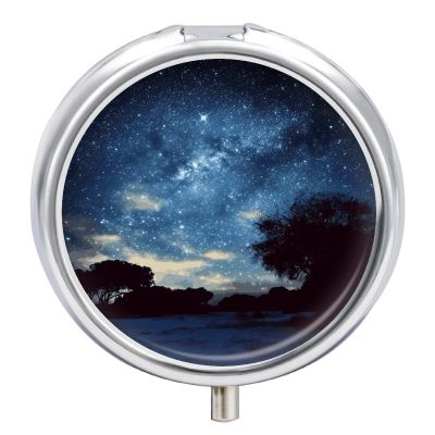Round Pill Box Night Sky with Trees Pill Case 3 Compartment Medicine Pill Organizer for Purse & Pocket Portable Travel Pillbox Medicine Vitamin Cod Liver Oil Storage Box Organizer