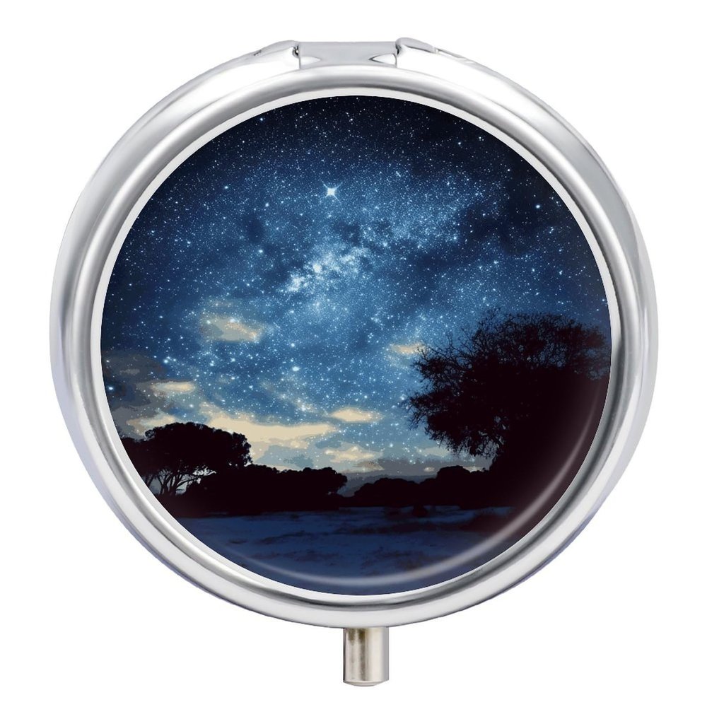Round Pill Box Night Sky with Trees Pill Case 3 Compartment Medicine Pill Organizer for Purse & Pocket Portable Travel Pillbox Medicine Vitamin Cod Liver Oil Storage Box Organizer