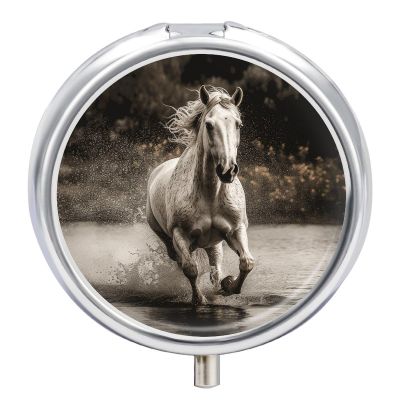 Round Pill Box Horse Running by The Water Pill Case 3 Compartment Medicine Pill Organizer for Purse & Pocket Portable Travel Pillbox Medicine Vitamin Cod Liver Oil Storage Box Organizer