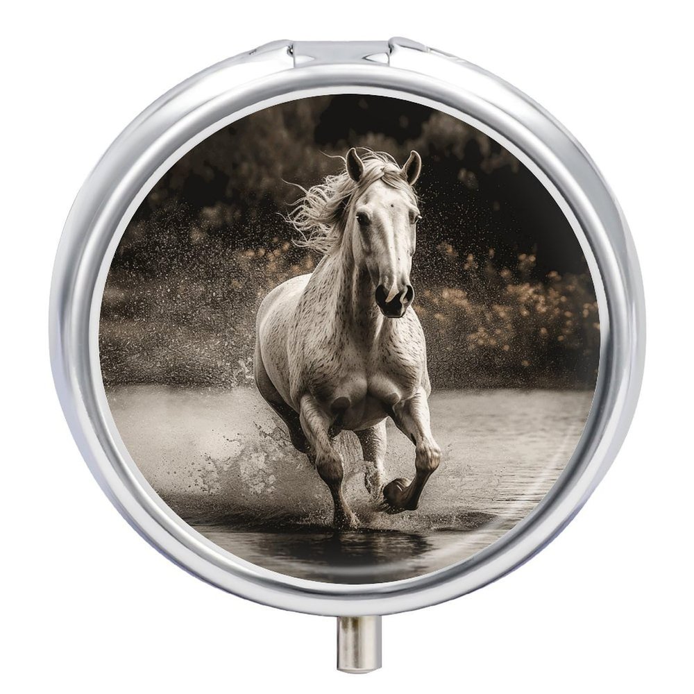 Round Pill Box Horse Running by The Water Pill Case 3 Compartment Medicine Pill Organizer for Purse & Pocket Portable Travel Pillbox Medicine Vitamin Cod Liver Oil Storage Box Organizer