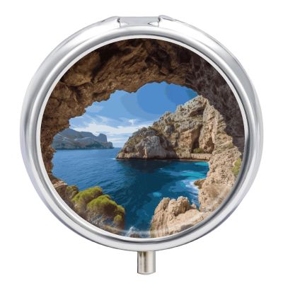 Round Pill Box Arch in Mallorca Spain Pill Case 3 Compartment Medicine Pill Organizer for Purse & Pocket Portable Travel Pillbox Medicine Vitamin Cod Liver Oil Storage Box Organizer