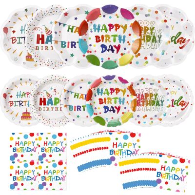Skybooly 144 Pcs 48 Guests Happy Birthday Party Plates and Napkins Rainbow Dot Scalloped Paper Plates Napkins Disposable Tableware for Birthday Camping Summer Baby Shower Banquet Tea Party Supplies