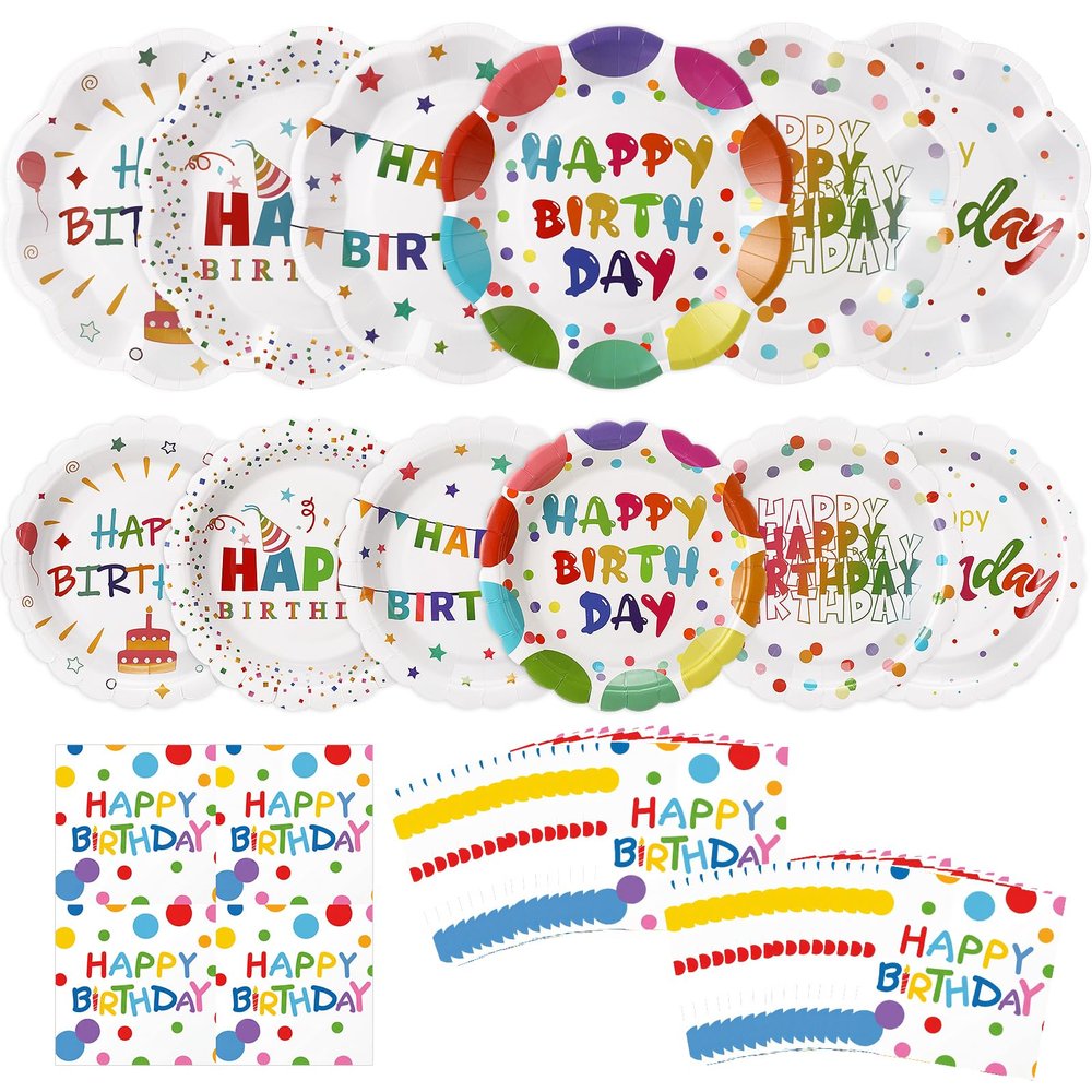 Skybooly 144 Pcs 48 Guests Happy Birthday Party Plates and Napkins Rainbow Dot Scalloped Paper Plates Napkins Disposable Tableware for Birthday Camping Summer Baby Shower Banquet Tea Party Supplies