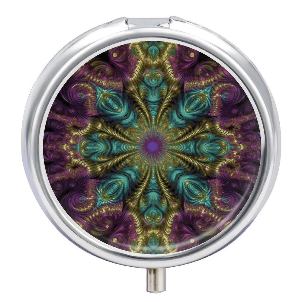 Round Pill Box Fractal Art Pill Case 3 Compartment Medicine Pill Organizer for Purse & Pocket Portable Travel Pillbox Medicine Vitamin Cod Liver Oil Storage Box Organizer