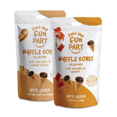 Just The Fun Part, Bite-Size Crispy Mini Waffle Cones, Filled with Premium Belgian Chocolate, Great for Snacks - Kosher, Caramel + Cookie Butter