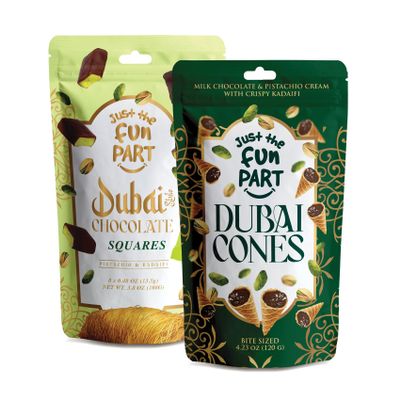 Just The Fun Part, Bite-Size Crispy Mini Waffle Cones, Filled with Premium Belgian Chocolate, Great for Snacks - Kosher, Dubai-Style Squares + Pistachio
