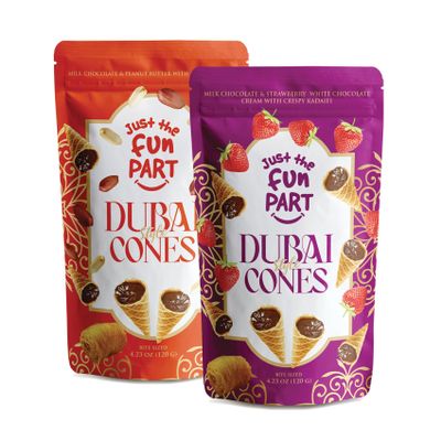 Just The Fun Part, Bite-Size Crispy Mini Waffle Cones, Filled with Premium Belgian Chocolate, Great for Snacks - Kosher, Dubai-Style Strawberry + Peanut