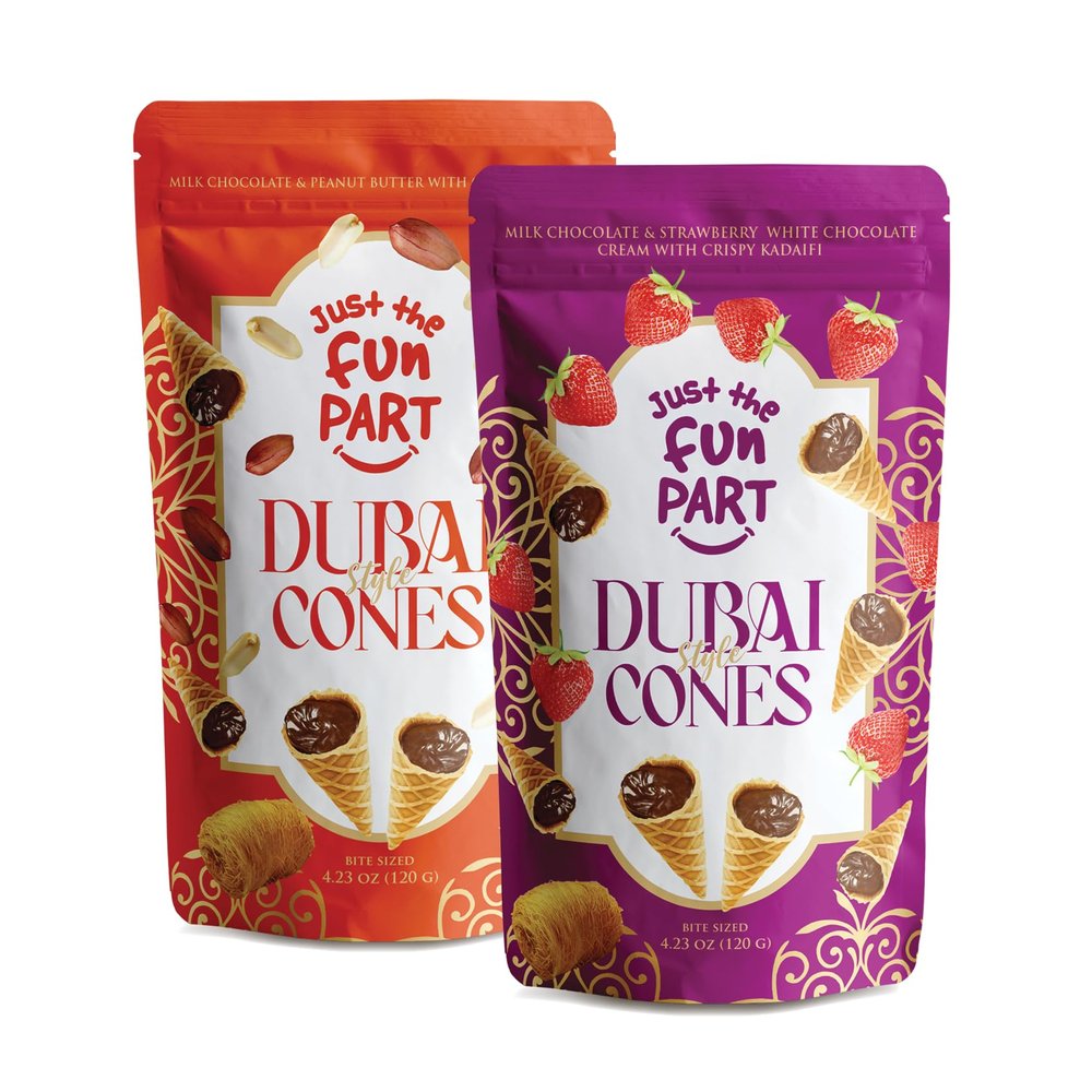 Just The Fun Part, Bite-Size Crispy Mini Waffle Cones, Filled with Premium Belgian Chocolate, Great for Snacks - Kosher, Dubai-Style Strawberry + Peanut