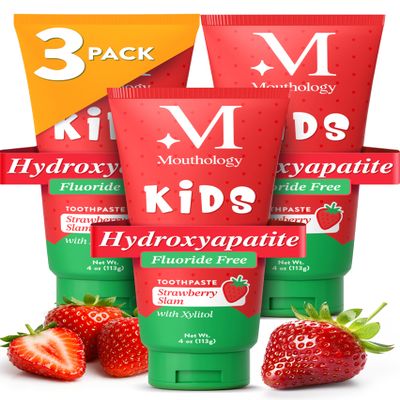 Mouthology Hydroxyapatite Kids Toothpaste (3pk, Fluoride Free) with Xylitol, Non Toxic Fluoride Free Toothpaste for Kids, All Ages (1-3), (3-6) & (6-12) Strawberry, 4oz