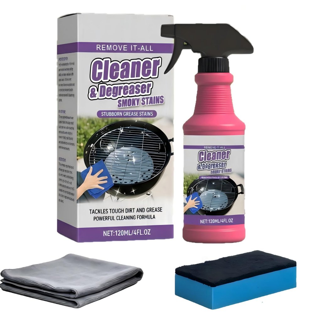 Heavy Duty Grill Degreaser Spray, 2026 Upgrade Heavy Duty Grill Grease Eraser Spray with Cloth Sponge Scrubber Set,Remove Stubborn Grease Smoky Stains Outdoor BBQ Smoker Grates (3)