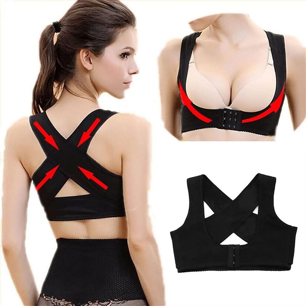 Adjustable Women Breast & Back Support Belt Chest Holder Support Posture Corrector Body Shaper Corset Upper Back Support Bandage(Black L)