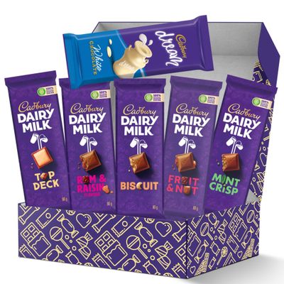 Cadbury Slabs Chocolate Box 6-Piece Assortment of Premium Cadbury Slabs Including Fruit & Nut, Rum & Raisin, Mint Crisp, Top Deck, Dream Biscuit, and Biscuit Indulgent Chocolate Gift for Any Occasion