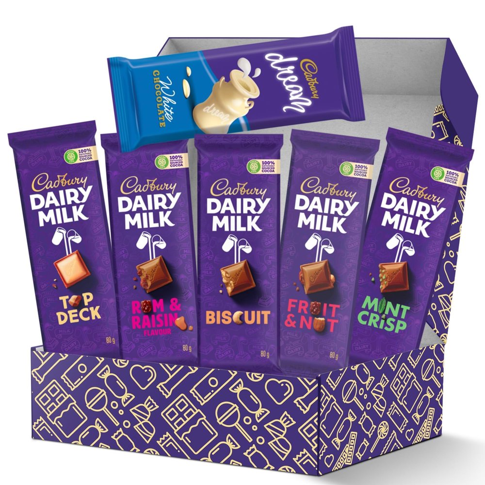Cadbury Slabs Chocolate Box 6-Piece Assortment of Premium Cadbury Slabs Including Fruit & Nut, Rum & Raisin, Mint Crisp, Top Deck, Dream Biscuit, and Biscuit Indulgent Chocolate Gift for Any Occasion