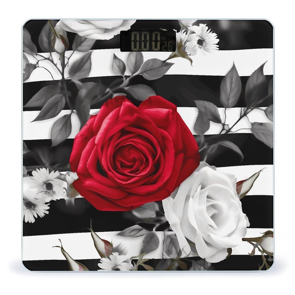 Black White Stripes Red Rose Flowers Bathroom Scale for Body Weight High Precision Digital Scale for Home Portable Weight Scale with Auto Step-On Function and Clear LCD Easy to Read