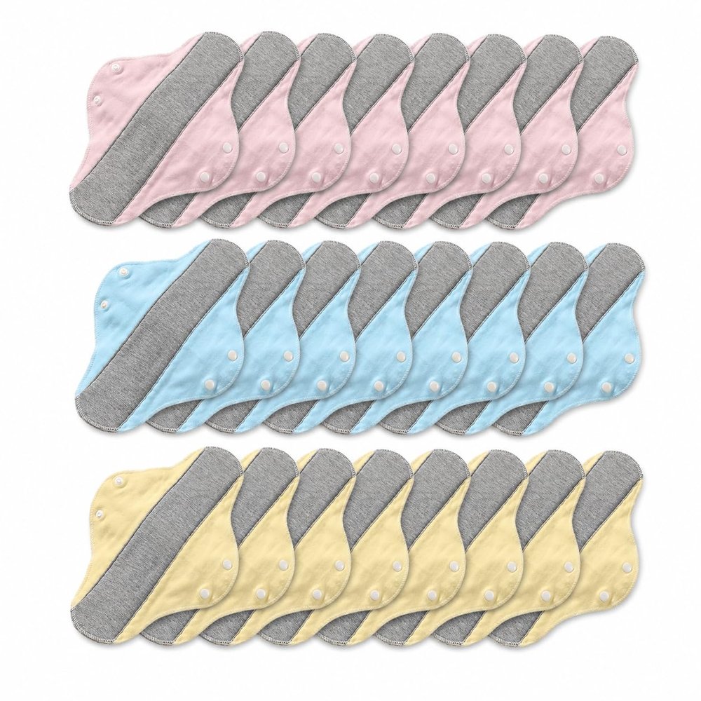24 Pcs Reusable Incontinence Pads for Women, Washable Menstrual Pads with Wings and Snap Buttons, Cotton Cloth Panty Liners for Light Bladder Leaks, Periods, Postpartum Care and Daily Protection (24)