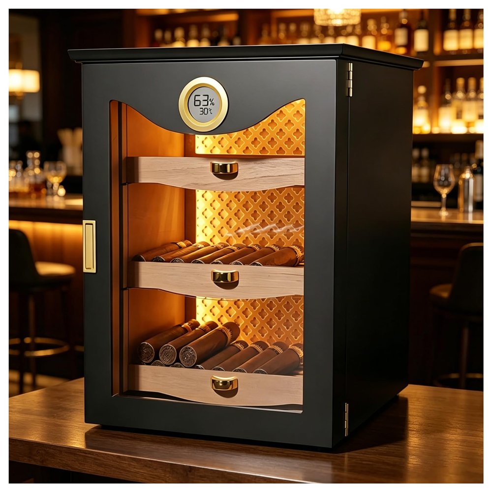 UPLTOE Desktop Cigar Humidor Cabinet | up to 130 Counts | Precision Electronic Hygrometer | Cedar Wood Racks | 282837cm | 5.9kg | for Residential Spaces (Home Use) Black