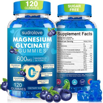 Magnesium Glycinate Gummies 600mg Sugar Free Magnesium & Potassium Dietary Supplement with Vitamin D, B6 and CoQ10 for Calm Support & Sleep for Adults - High Absorption -Blueberry Gummies