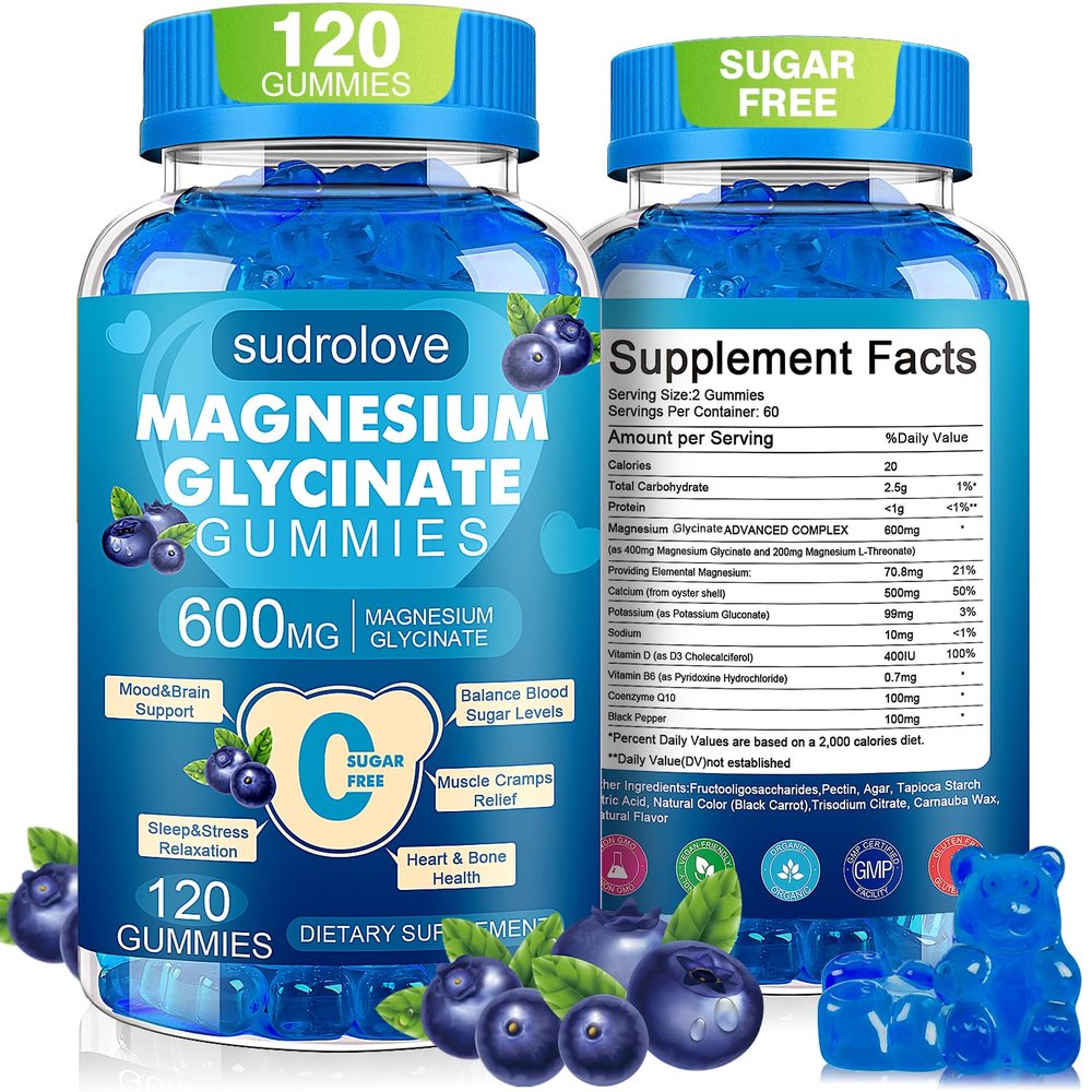 Magnesium Glycinate Gummies 600mg Sugar Free Magnesium & Potassium Dietary Supplement with Vitamin D, B6 and CoQ10 for Calm Support & Sleep for Adults - High Absorption -Blueberry Gummies