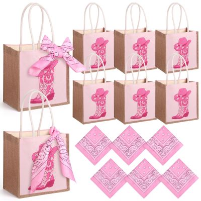 Paterr 6 Pcs Cowgirl Boots Burlap Tote Bags with Handles, Pink Western Cowgirl Jute Gift Bags with 6 Pink Paisley Bandanas Reusable Cowgirls Handbags for Bachelorette Rodeo Western Party Favors