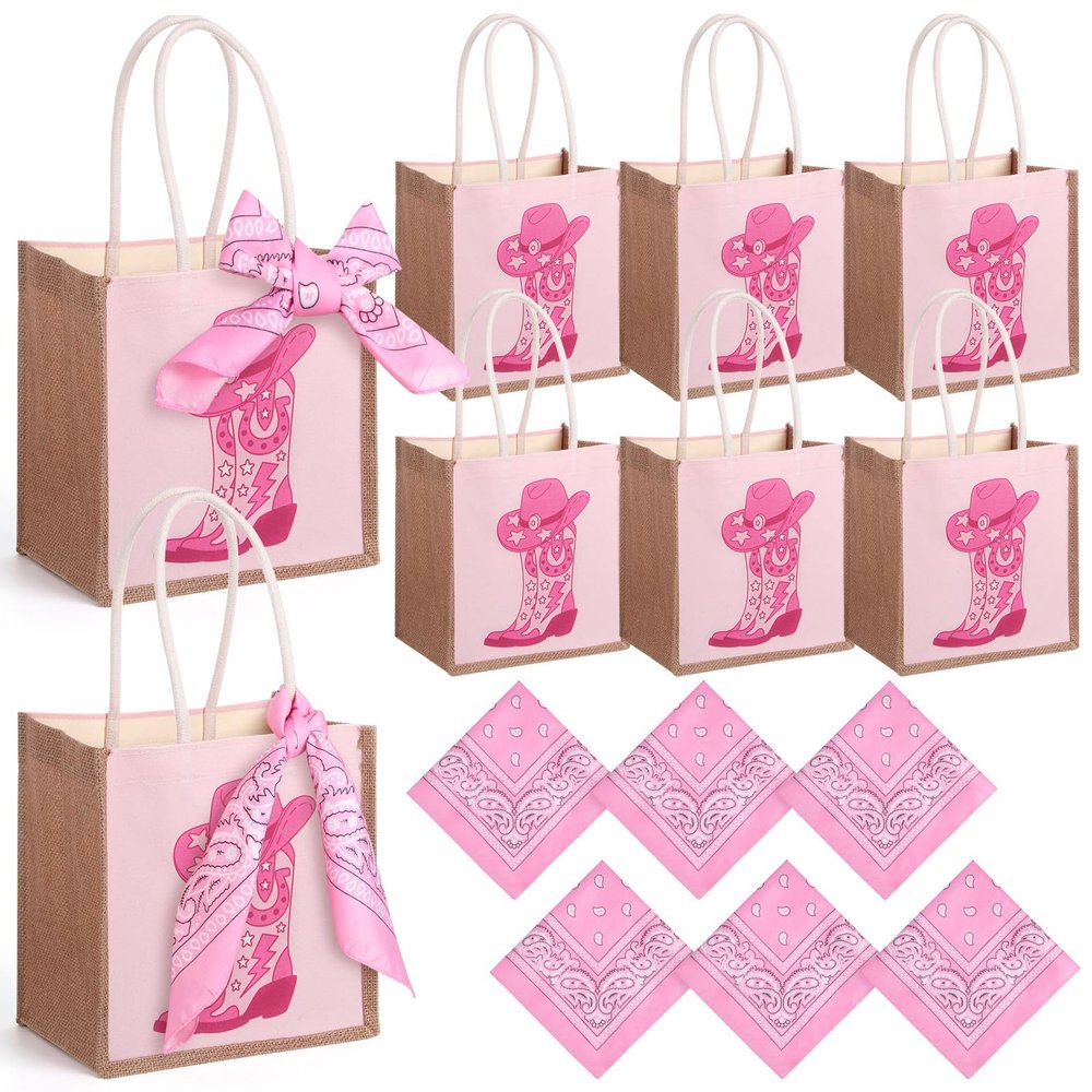 Paterr 6 Pcs Cowgirl Boots Burlap Tote Bags with Handles, Pink Western Cowgirl Jute Gift Bags with 6 Pink Paisley Bandanas Reusable Cowgirls Handbags for Bachelorette Rodeo Western Party Favors