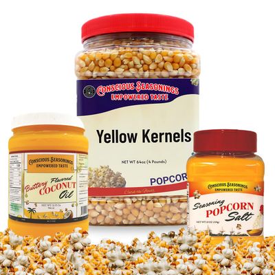 All-In-One Popcorn Kit for Perfect Movie Night Snacks | Butter Flavored Coconut Oil 32 fl oz, Popcorn Seasoning Salt 19 oz & Obelys Yellow Kernels 64 oz (4lb) | Complete Popcorn Pack