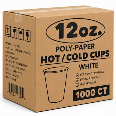 VeZee 12 oz Disposable White Poly Paper Hot Cups Only | Insulated Coffee Tea Cocoa Soup Cups | Leak Resistant Design, Disposable Drinkware for Cafe Office & Takeaway Use | 3000 Count