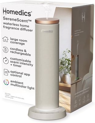 SereneScent Waterless Essential Oil Diffuser, Cordless Rechargeable Aromatherapy Diffuser for Home, Large Room Scent Machine, Timer, App Control, 6 LED Lights, No Water Needed, Grey