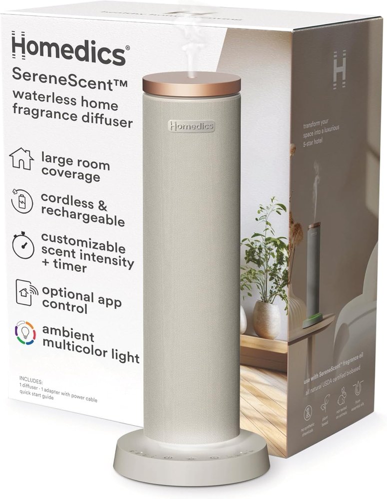 SereneScent Waterless Essential Oil Diffuser, Cordless Rechargeable Aromatherapy Diffuser for Home, Large Room Scent Machine, Timer, App Control, 6 LED Lights, No Water Needed, Grey