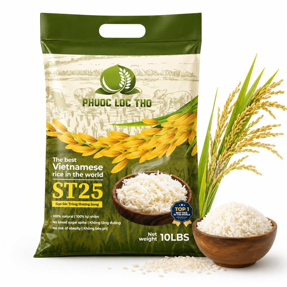 Phc Lc Th ST25 Vietnamese Jasmine Rice 10lb Premium Long Grain White Rice, Fragrant & Soft Texture, Non-GMO, Authentic Asian Rice, Bulk Family Size