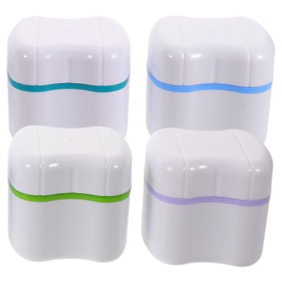COLLBATH 4pcs Denture Bath Box: Portable Soaking Cup with Strainer Basket - False Teeth Storage Container for Outdoor Retainers and Orthodontic Appliances
