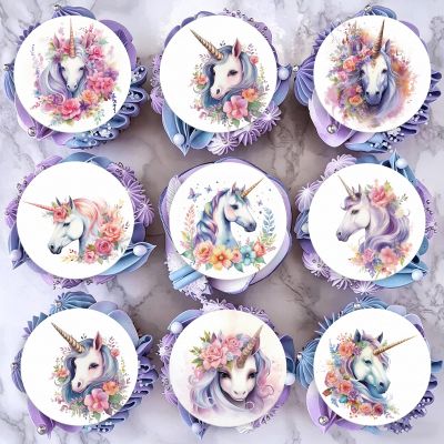 Fyeoxle 36PCS Edible Floral Unicorn Cupcake Toppers Wafer Paper White Horse Cupcake Toppers Edible Horse Cake Decoration for Rainbow Horse Party Birthday Baby Shower Decor Cake Supplies