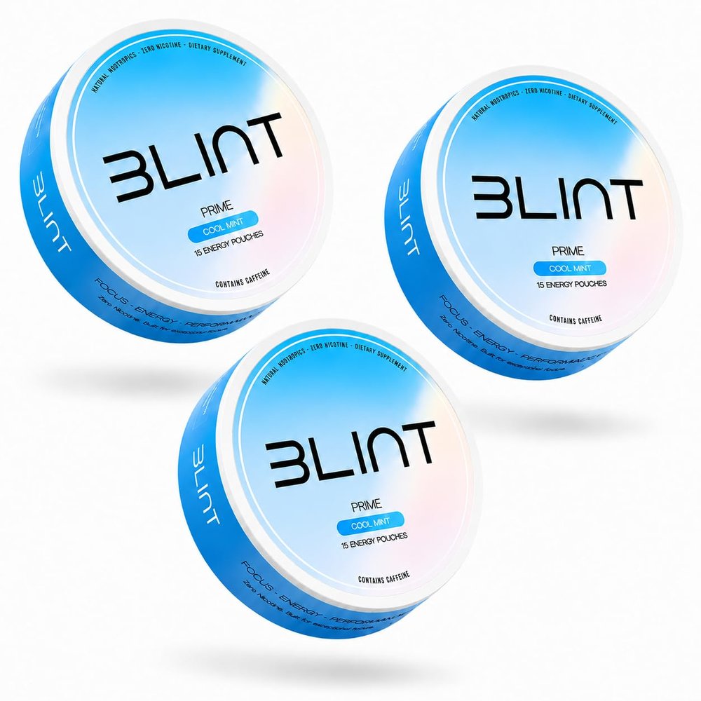 BLINT Prime Caffeine Nootropic Pouches (Wintergreen) - Energy Pouches with 50mg Caffeine, Alpha GPC, L-Tyrosine & L-Theanine with No Sugar or Artificial Sweeteners - 15 Pouches Per Can (6 Cans)
