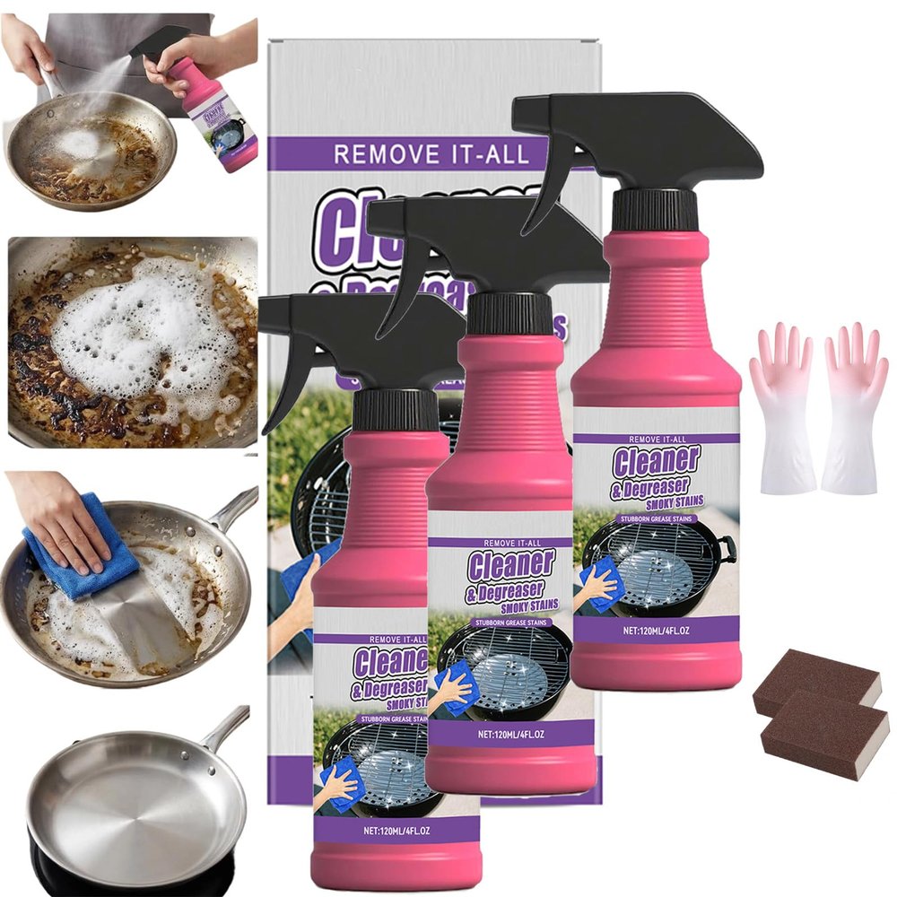 Fast-Acting Heavy-Duty Grill Degreaser Spray, Professional BBQ Grill Degreaser Cleaner Heavy Duty, Easily Lifts Baked-on Carbon and Grease, for Kitchen Grates, Racks and Grease (3pcs)