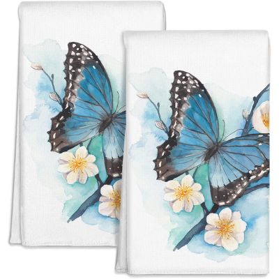 KENADVI Blue Butterfly Kitchen Towels Set of 2,Decorative Vintage Blossom Plum Branch Chic Floral Waffle Hand Towels for Kitchen Dish Towels,Absorbent Dishcloth Tea Towels with Hanging Loop 16"x26"