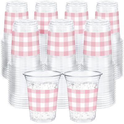Ferrochef 100 Pcs Pink Gingham Plastic Cups 12 oz Pink Checkered Plaid Disposable Plastic Drinking Cups Bulk for Baby Shower Wedding Birthday Christmas Party Decoration Supplies