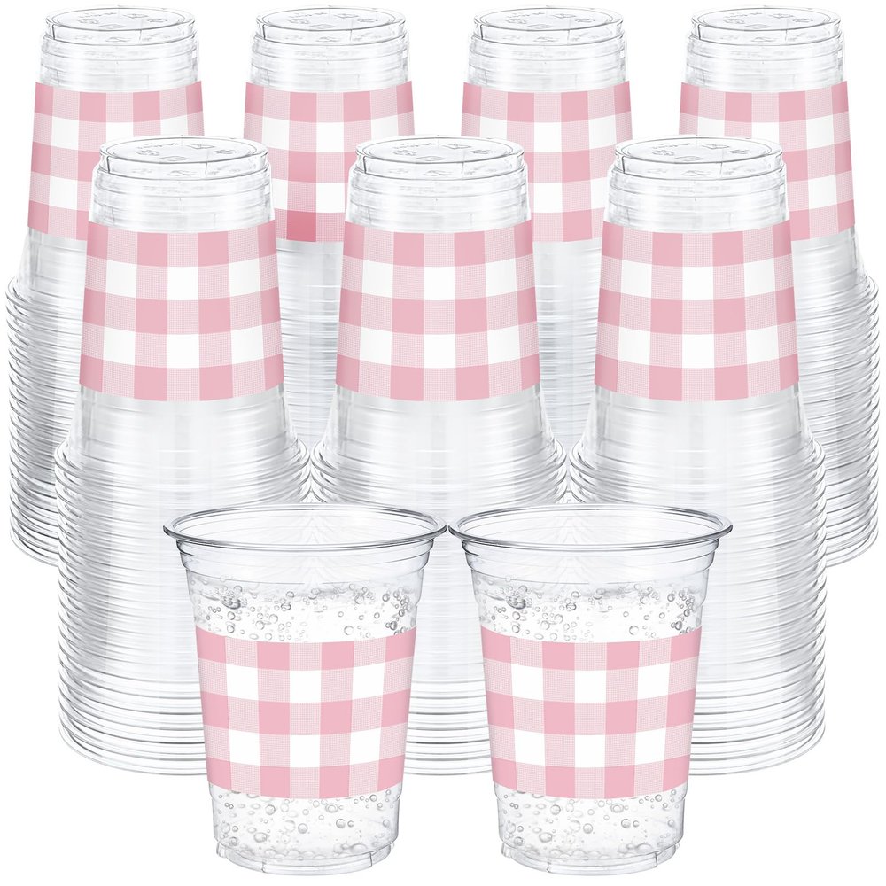 Ferrochef 100 Pcs Pink Gingham Plastic Cups 12 oz Pink Checkered Plaid Disposable Plastic Drinking Cups Bulk for Baby Shower Wedding Birthday Christmas Party Decoration Supplies