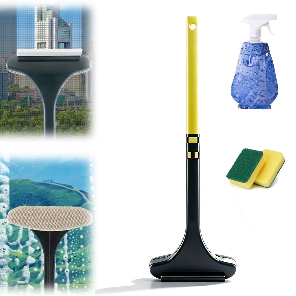2-in-1 Window Screen Cleaning Brush Value Set with Squeegee, Wet & Dry Mesh Screen Cleaner Tool, Multi-Purpose Glass Cleaner Brush for Patio, Door, Porch Screens & Car Window (Yellow)