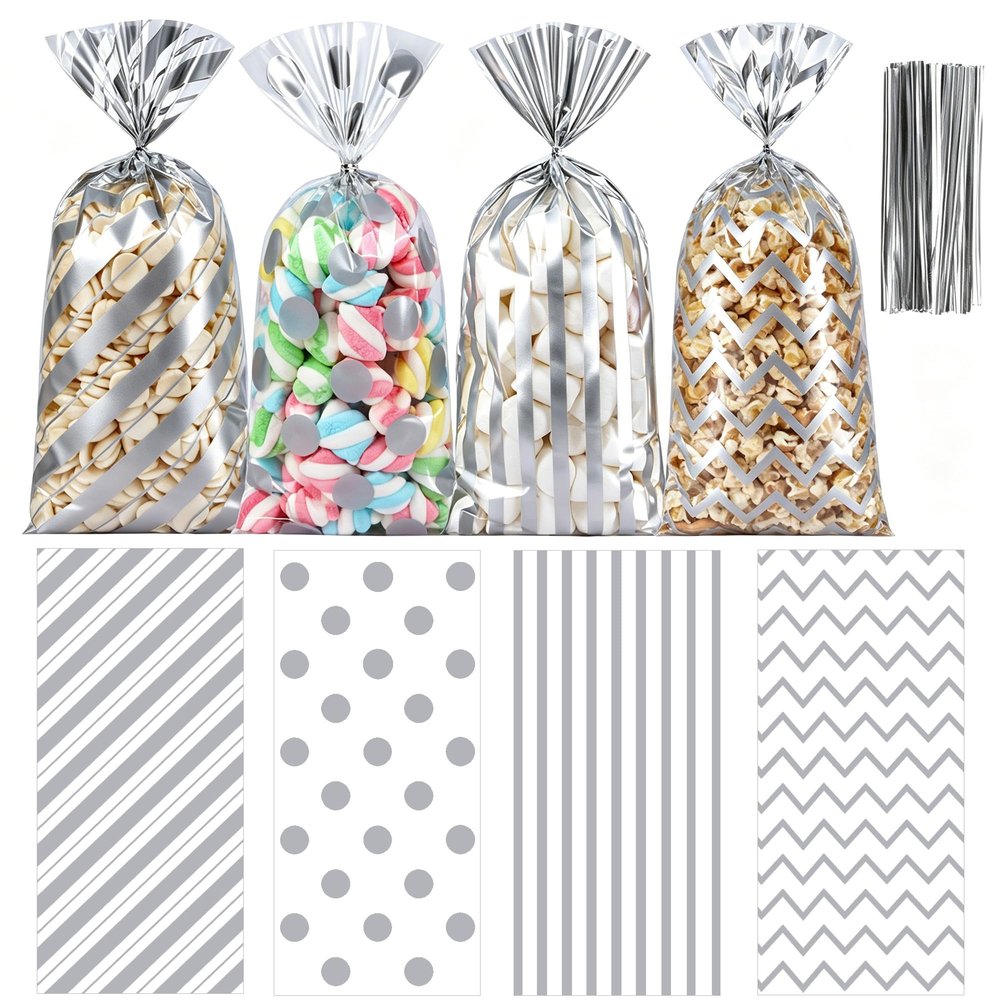 50 Pack Silver Cellophane Treat Bags - 5.1 x 10.6 Inch Clear Candy Bags with 60 Silver Ties, Plastic Goodie Bags for Wedding, 25th Anniversary, Modern Party Favors & Luxury Boutique Gift Packaging