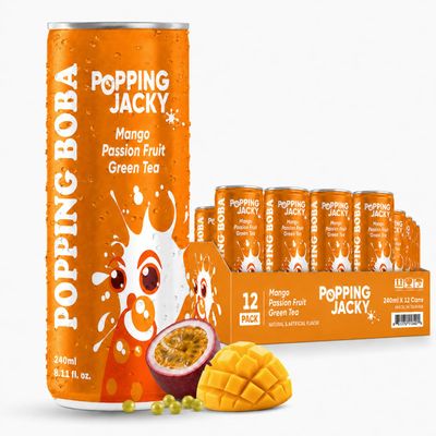 Popping Jacky Boba Tea Drink (Pack of 12) with Popping Boba Pearls - Ready to Drink Bottled Bubble Tea - Mango Passion Fruit Green Tea - Refreshing Boba Tea
