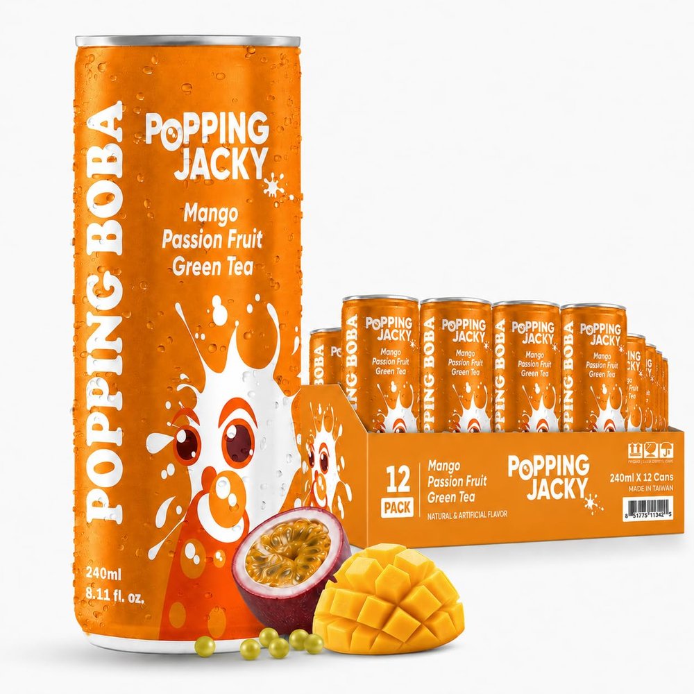 Popping Jacky Boba Tea Drink (Pack of 12) with Popping Boba Pearls - Ready to Drink Bottled Bubble Tea - Mango Passion Fruit Green Tea - Refreshing Boba Tea