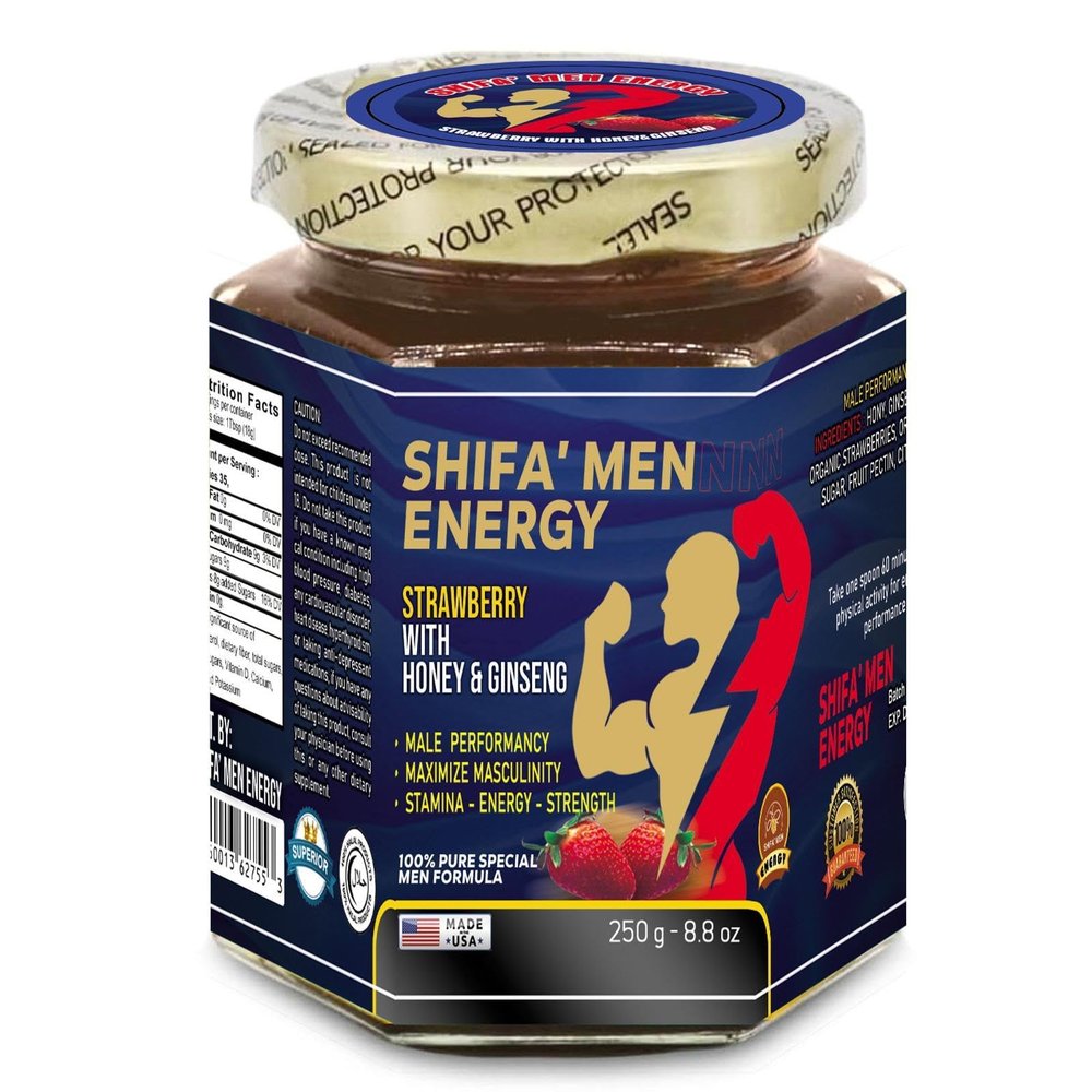 Shifa Men Energy Strawberry Spread with Honey & Ginseng Natural Energy Boosting Fruit Jam for Daily Vitality, Stamina Support & Active Lifestyle Delicious Functional Food for Men Performance & Wellness 250g / 8.8 oz