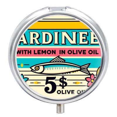 Canned Sardines Fish Metal Round Pill Box, 3 Compartment Travel Organizer, Portable Pill Container with Secure Latch, 2 Inch Circular Vitamin Caddy for Pills and Vitamins, Gift for Him Her Elderly