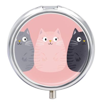 Lovely Cats Metal Round Pill Box, 3 Compartment Travel Organizer, Portable Pill Container with Secure Latch, 2 Inch Circular Vitamin Caddy for Pills and Vitamins, Gift for Him Her Elderly