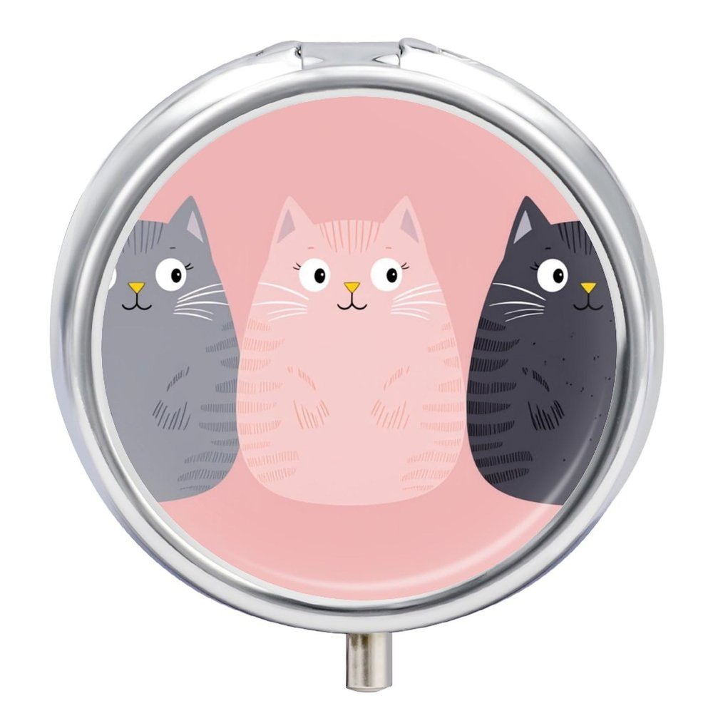 Lovely Cats Metal Round Pill Box, 3 Compartment Travel Organizer, Portable Pill Container with Secure Latch, 2 Inch Circular Vitamin Caddy for Pills and Vitamins, Gift for Him Her Elderly