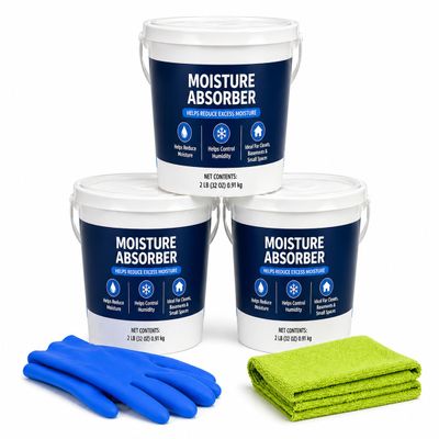 Moisture Absorber 3 Pack with Gloves & Microfiber Cloth Dehumidifier for Closet, Bathroom, Basement, Garage